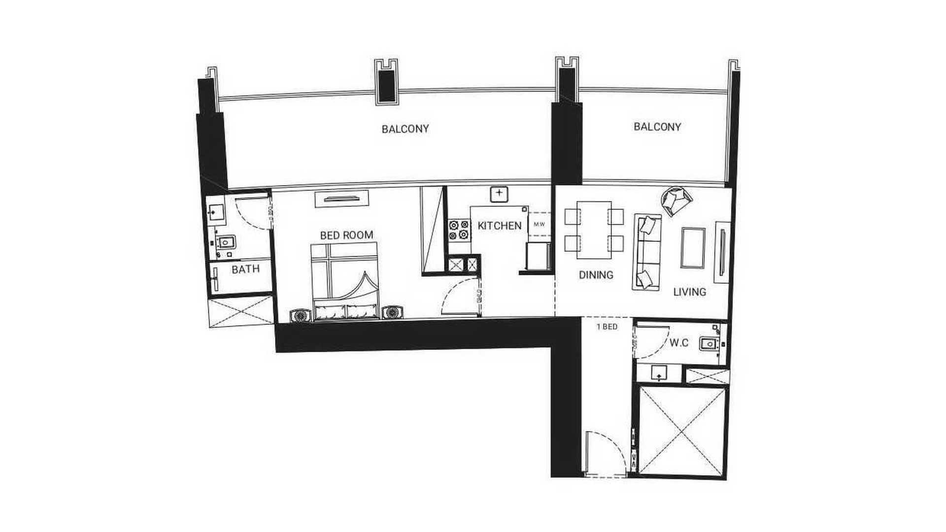 Apartment floor plan, 1 bedroom in Binghatti Skyrise No. 11009